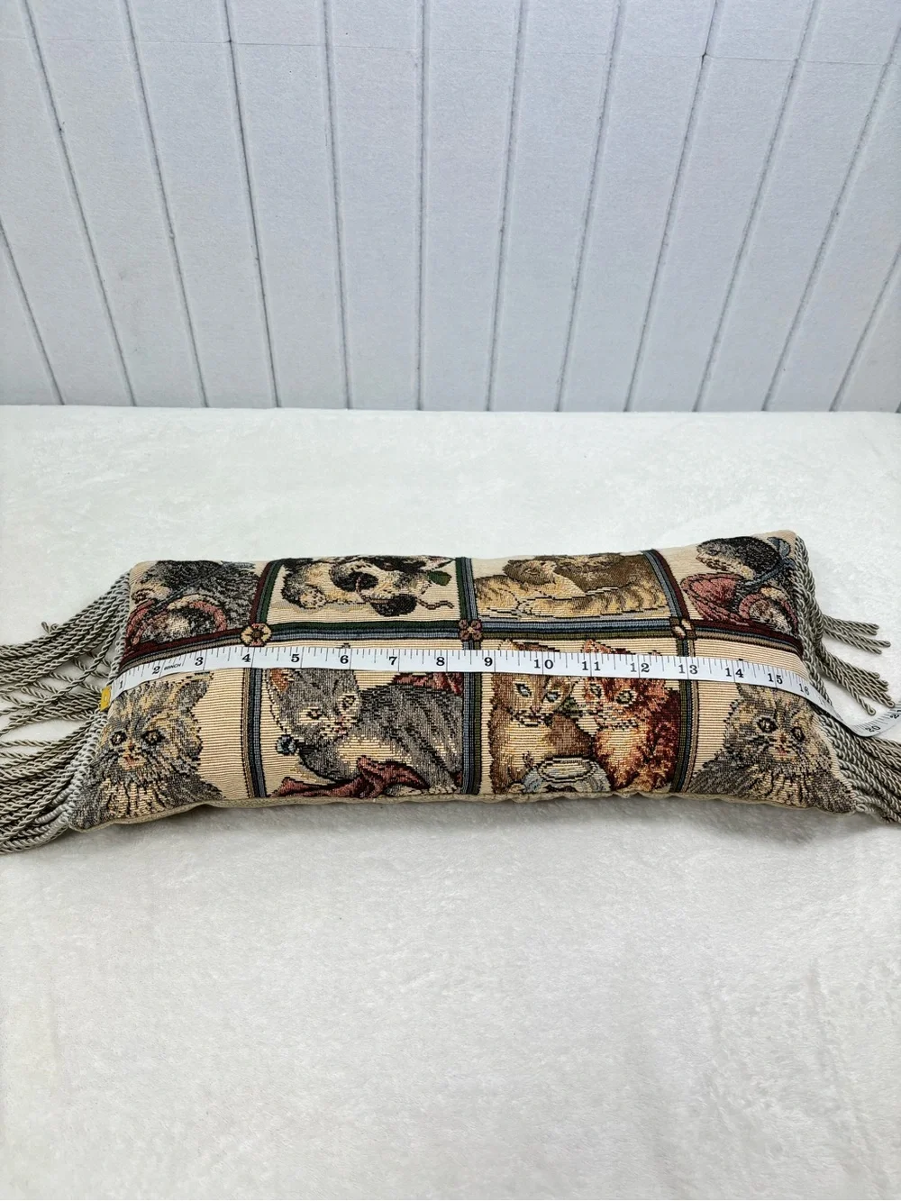 Vintage Tapestry  Kitten Bolster Pillow with Tassels